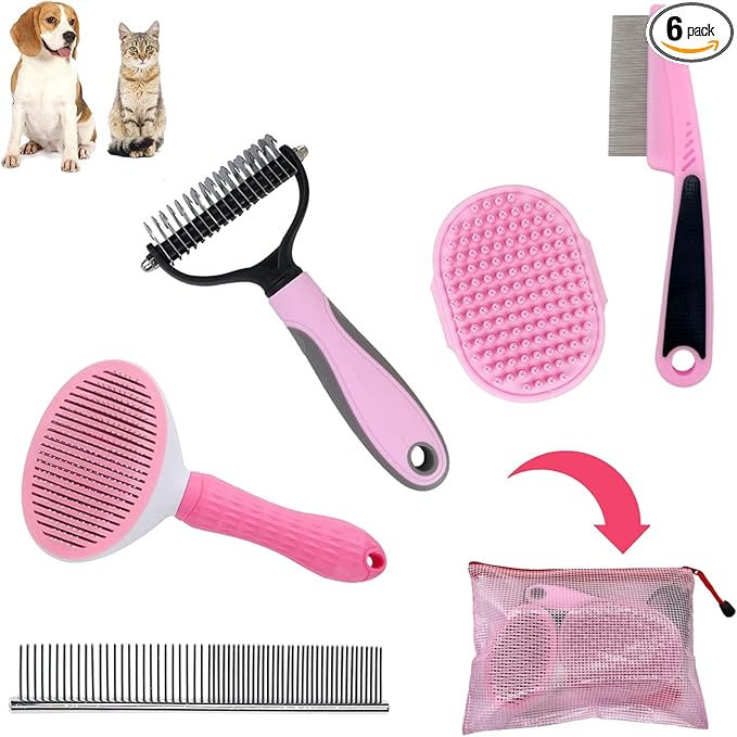 Dog Grooming Kit - Deshedding Brush for Short Hair, Slicker Brush, Flea Comb, Puppy Brush Set in Pink
