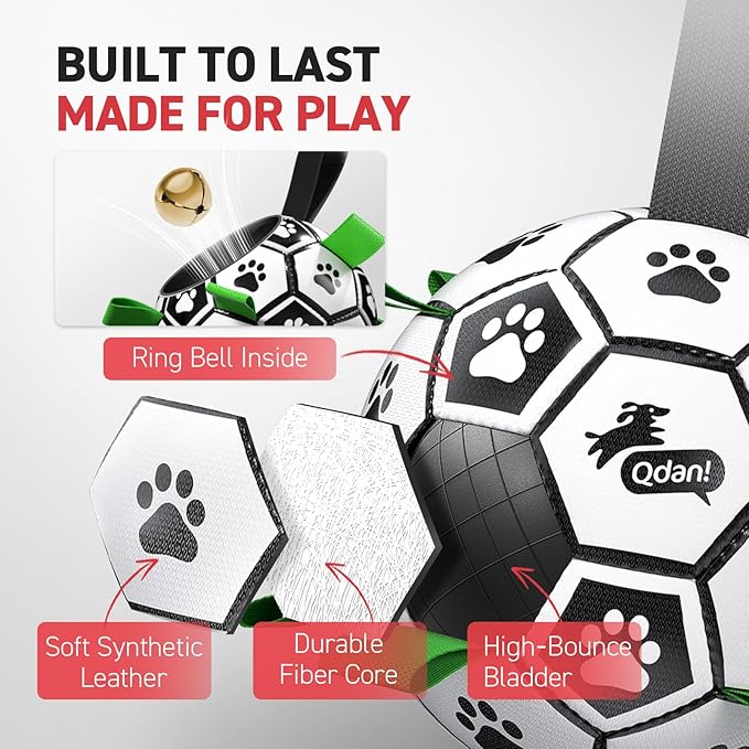 QDAN Dog Soccer Balls Toy with Bell Inside, Outdoor Interactive Toys for Tug of War, Puppy Birthday Gifts, Water Toy, Durable Ropes Squeaky Ball for Small Medium Dogs （6 INCH）