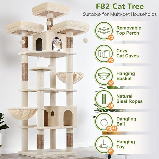 Globlazer Cat Trees and Towers for Multiple Adult Cats, 82-inch XXL Tall Cat Tree Tower for Indoor Cats with Scratching Post, 3 Perches, 2 Condos, 2 Hanging Baskets, F82, Beige