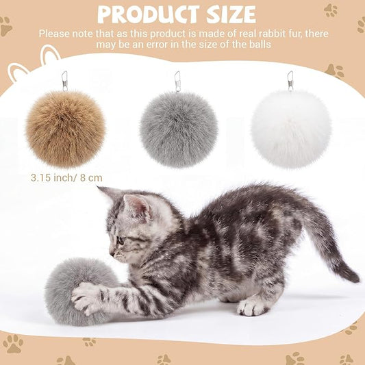 18 Pack Natural Rabbit Fur Cat Toy Refills, Mouse Tail Fur Ball Shaped Cat Toys, Interactive Cats Wand Toy Replacement Head with Secure Connector (Pom Pom)