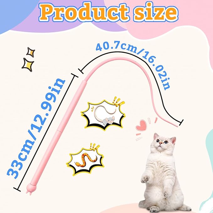 Andiker Mice Tail Cat Wand Toy, 30 inches Long Cat Teaser Stick with Innovative Silicone Rat Tail Easy to Install and Clean Soft Easy Swing Tail Interactive Cat Toys for Indoor Cats (Pink)