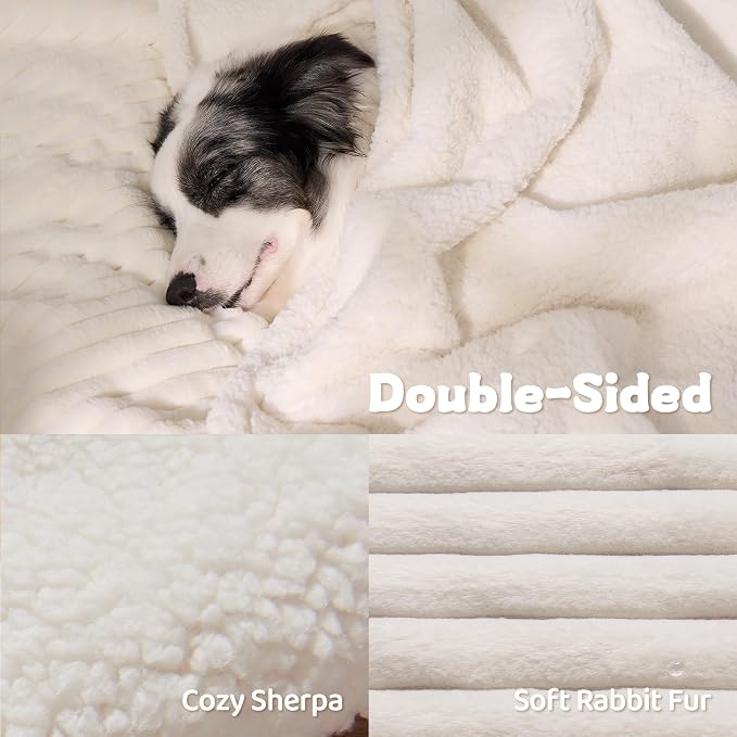 Qeils Waterproof Calming Dog Blanket for Large Dogs, Noiseless Soft Plush Pet Blanket for Bed, 500GSM Thick Faux Fur Pet Throw, Cozy Couch Furniture Protection Washable, Cream, 60x80IN