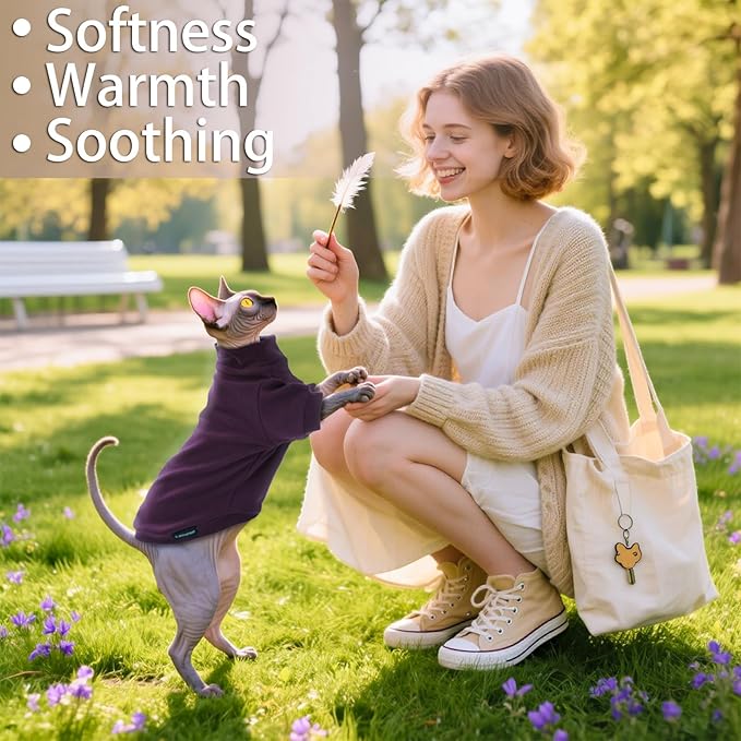 Sphynx Cat Sweater Hairless Cat Clothes Sweater Shirt Soft Warm Long Sleeves Pullover Pet Clothes Pajamas Dog Cloth for Small Dogs Jumpsuit Pet Sweaters (Dark Purple, L)