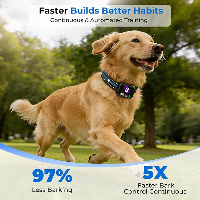 RPZ Smart Dog Bark Collar for Small Medium Large Dogs 8-150 Lbs, Blue | Rechargeable anti barking collar with bark count tracking, 4 training modes, 3 sensitivity levels and IP67 waterproof