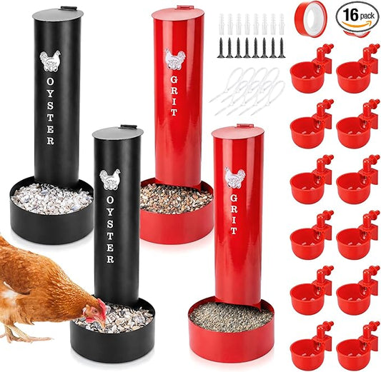 2 Chicken Oyster Shell Feeder and 2 Grit Feeder and 12 Automatic Chicken Waterer Cup, Metal Hanging Poultry Feeders and Plastic Poultry Water Cup, Coop Accessories, Black+Red