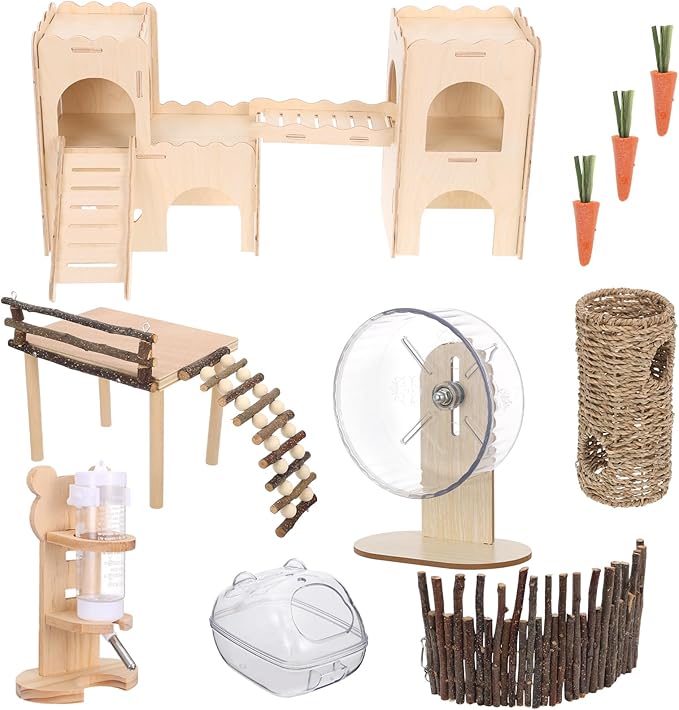 Foxtell 11 Pcs Hamster Cage Accessories, Hamster Toys Set, Hamster Hideout, Hamster Wheel for Rat Mice Small Animals Habitat (Fun Interactive Style)