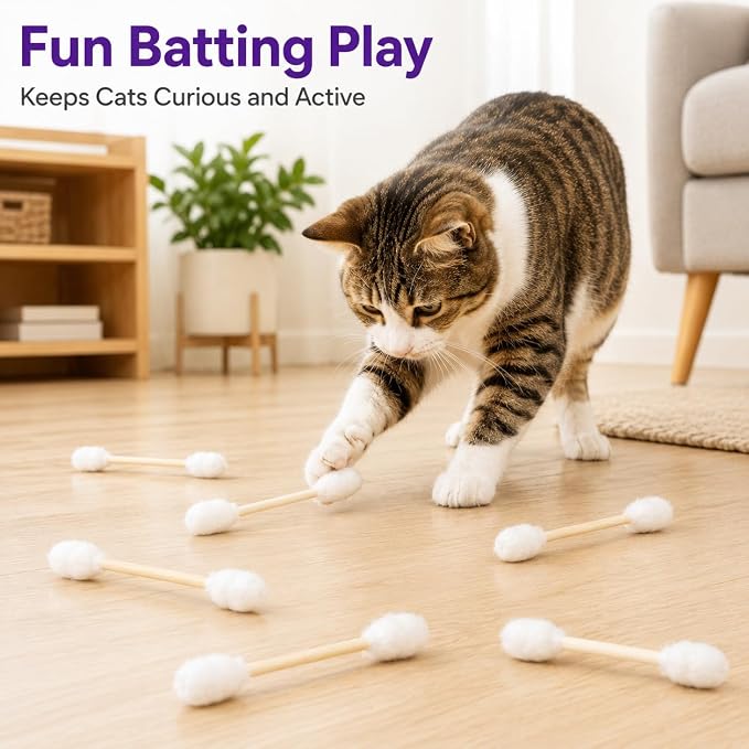 Cat Q Tip Toy with Catnip Cotton Swabs Qtip Cat Toy Pack Catnip Toys for Indoor Cats Giant Qtip Cat Toy Chew Sticks, Durable Felt Interactive