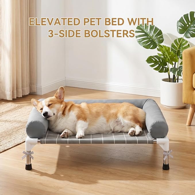 Elevated Dog Bed with 3 Sided Bolster - 20"x26" Raised Pet Cot for Small Dogs, Stainless Steel Frame Portable Dog Sofa for Indoor, Outdoor, Camping and Patio