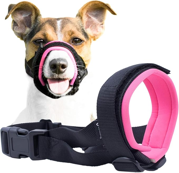 Gentle Muzzle Guard for Dogs - Prevents Biting and Unwanted Chewing Safely Secure Comfort Fit - Soft Neoprene Padding – No More Chafing – Training Guide Helps Build Bonds with Pet (XS, Pink)