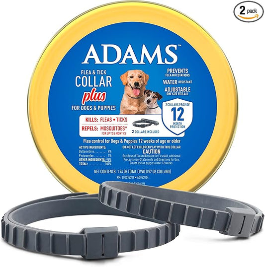ADAMS Flea & Tick Collar Plus for Dogs & Puppies, 12 Months Protection Against Flea Infestations, Kills Fleas & Ticks, Repels Mosquitoes for Up to 6 Months (Excl. California), One Size Fits All, 2 ct