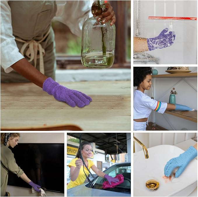 Patelai 2 Pairs Microfiber Gloves for plants Dusting Cleaning Glove Mittens House Cars Blinds Dusting(Light Blue, Violet,Large)