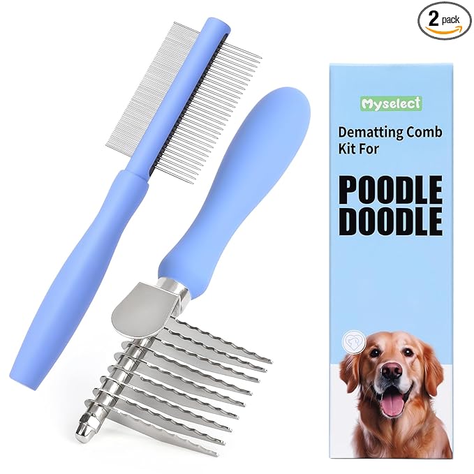 Dematting Comb for Doodles & Poodles, Dual-Sided Comb Tool for Long Curly Haired Dogs, Grooming Brush Kit for Removing Mats and Tangles, Stainless Steel, Beech Wood