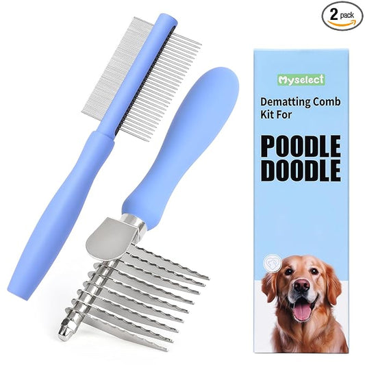 Dematting Comb for Doodles & Poodles, Dual-Sided Comb Tool for Long Curly Haired Dogs, Grooming Brush Kit for Removing Mats and Tangles, Stainless Steel, Beech Wood