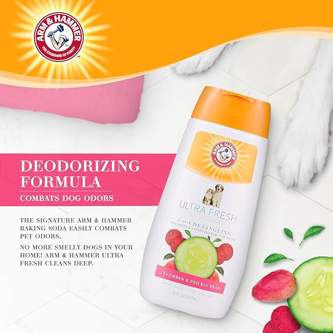 Arm & Hammer Ultra Fresh 2 in 1 Detangling Dog Shampoo and Conditioner with Baking Soda Deodorizer, Moisturizing Pet Wash for Tangles and Odor Control, Cucumber Prickly Pear Scent, 16 Fl Oz - 2 Pack