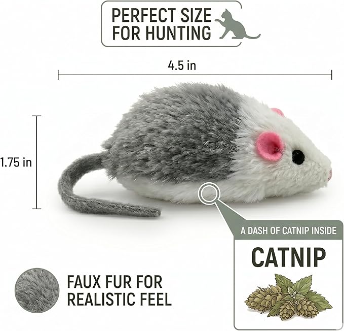 Smokey's Stash Gray and White Faux Fur Cat Mice Toy 12 Per Pack Multi Color Realistic Interactive Small Mouse with Rattle and Catnip Safe for Adult Cats and Kittens