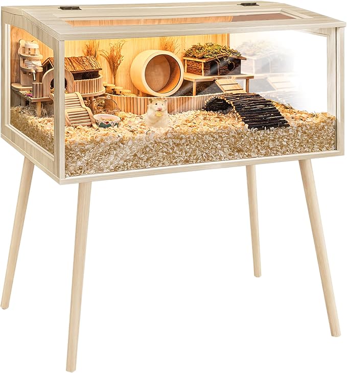PROLEE Hamster Cage Wooden Chew Proof, Extra Large Mice and Rat Habitat Openable Top with Acrylic Sheets Solid Built Small Animal Cage with Leg Stands, 48 Inch Long