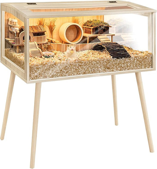 PROLEE Hamster Cage Wooden Chew Proof, Extra Large Mice and Rat Habitat Openable Top with Acrylic Sheets Solid Built Small Animal Cage with Leg Stands, 48 Inch Long