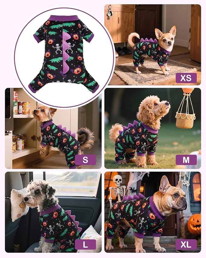 CuteBone Dinosaur Costume Halloween Dog Pajamas, Stretchy Spandex Crystal Velvet Sleepwear Coat for Small Dogs, Soft & Warm Pet Outfit Clothes for Cold Weather, Cozy Pullover Design COSP25XS