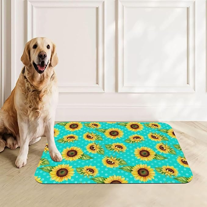 Dog Food Mat Pretty Sunflower Absorbent Dog Cat Bowl Mat for Food and Water