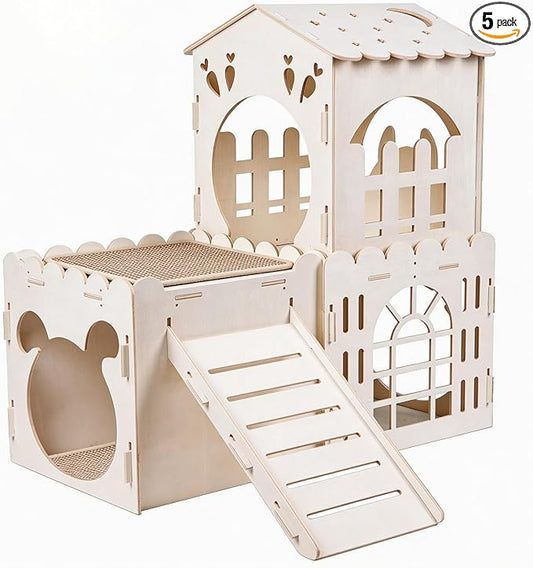 Large Rabbit House with 2PCS Rabbit Scratch Mat, Wooden Bunny Castle with 3 Houses Indoor, Guinea Pig Cage Multistory Climbing Tower Sturdy Wooden Castle, Small Animal Hideaway Tunnel