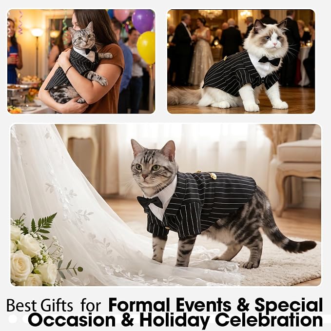 QBLEEV Cat Tuxedo Outfit with Bow Tie, Sphynx Cat Costume Formal Suit Wear | Soft breathable, stylish hairless clothes for cats only, kitten wedding birthday party shirt apparel for male boy