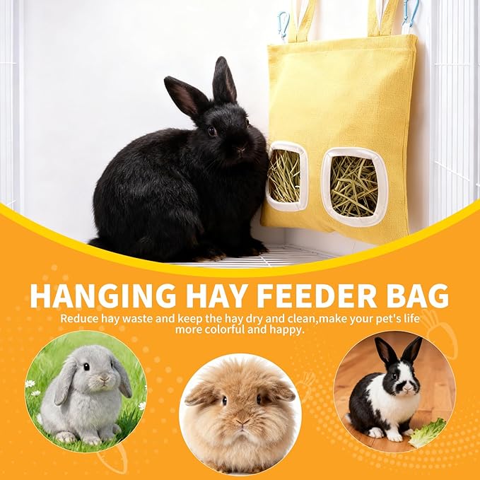 2 Pack Rabbit Guinea Pig Hay Feeder, Cute Bunny Hay Bag, Hanging Hay Holder for Guinea Pig Cage, Hay Feeder for Rabbits Chinchillas Hamsters Small Pets and Animals (Yellow & Blue)