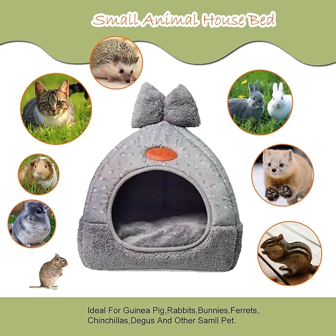 Rabbit Hideouts Bunny Bed Hideout House Cage Accessory for Guinea Pig Chinchilla Hamster Cozy Squirrel Hedgehog and Warm Rabbit Bed with Cute Bowknot Design(Grey)