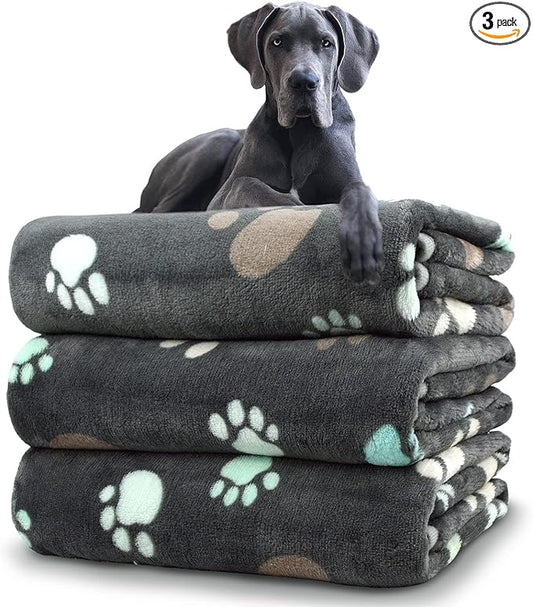 Dog Blankets for Medium Large Dogs, 3 Pack Washable Pet Blankets 41" x 31", Fuzzy Soft Pet Mat Throw Cover for Kennel Crate Bed, Cute Grey Paw Pattern, Soft Cat Dog Blanket