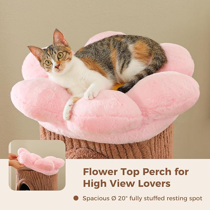 MUTTROS Forest Cat Tree with Flower Condos, Cute Tall Cat Tower with Scratching Posts & Padded Perch, Multi-Level Kitty Activity Center for Indoor Cats, Indoor Jungle Gym Furniture