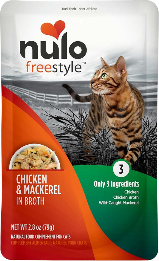Nulo Freestyle Cat & Kitten Wet Cat Food - Chicken & Mackerel in Broth, Grain-Free, High Protein Soft Food Topper Treat, 2.8oz Pouches (Pack of 24)