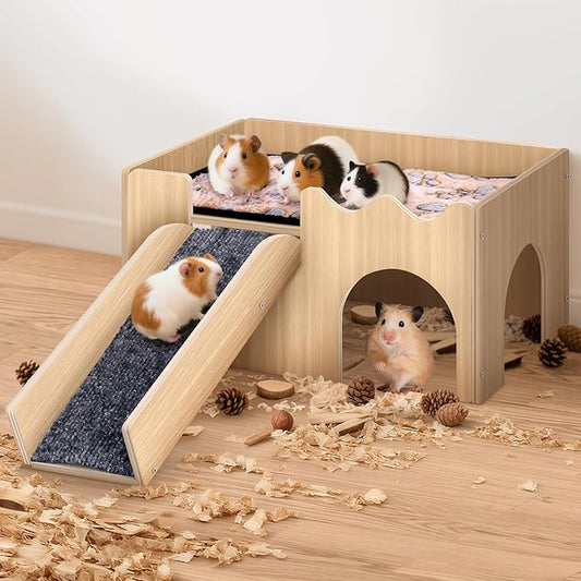 Extra Large Guinea Pig Hideout Castle, Natural Chew Proof Wooden Small Animal House with Anti-Slip Stairs & Mat, 2-Story Detachable Habitat, Easy to Assemble for Guinea Pigs, Rabbits, Hamsters