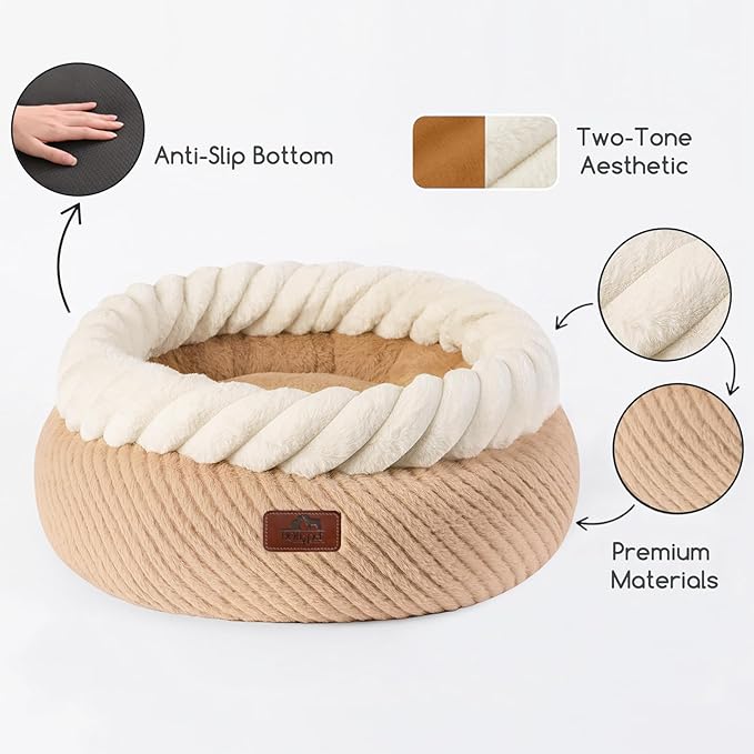 Hollypet Cat Bed for Indoor Cats Kitty Beds, Round Washable Fluffy Small Dog Bed, Soft Cozy Plush Pet Beds for Puppy and Kitten with Non-Slip Bottom (20" Diameter, Oatmeal)