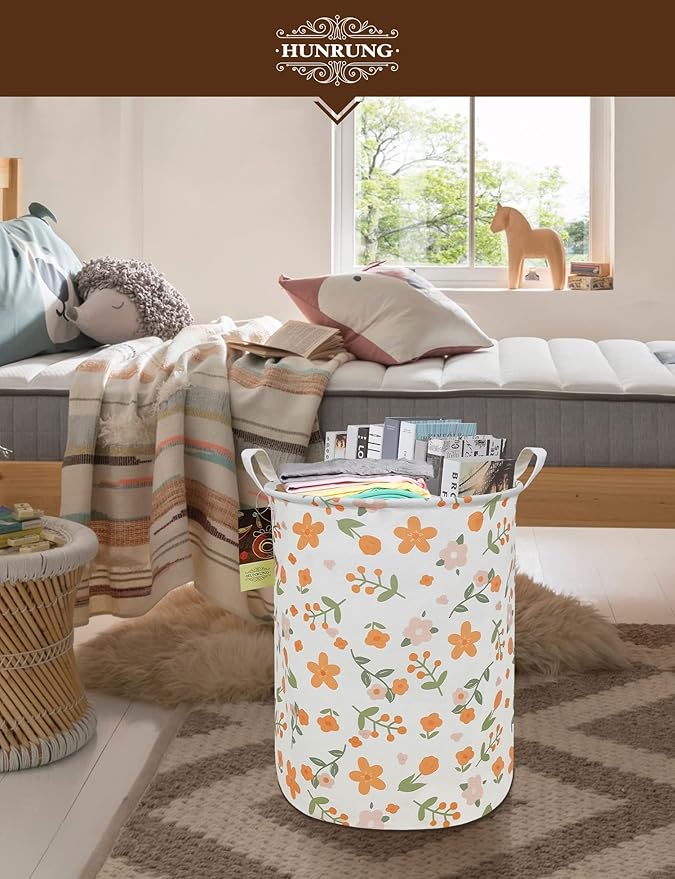 Collapsible Fabric Storage Basket, Waterproof Laundry Hamper with Handles, Round Storage Bin for Clothes Toys, Foldable Organizer for Bedroom Nursery Bathroom(Round-Orange Flower)