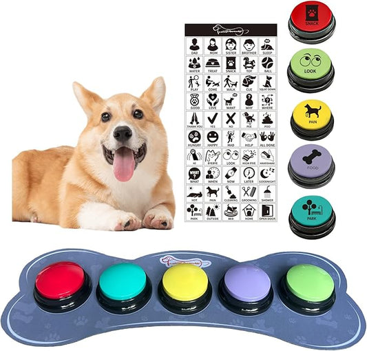 Set of 5 Color Dog Buttons With Rubber Mat for Communication, Voice Recording, Talking, Pet Training & Behavior Aids - Train Your Dog to Voice What They Want
