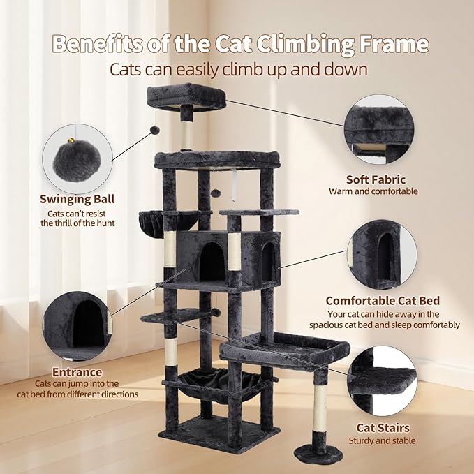77.5 Inch Cat Tree with Bed, Hammock, Observation Deck, Plush Platform & Toy Ball for Indoor Cats (Grey)