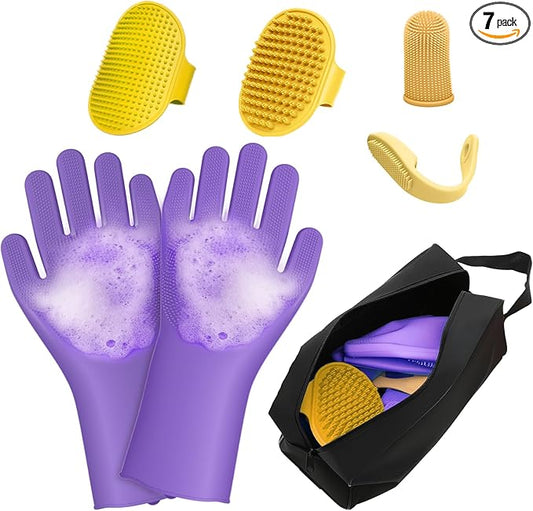 7PCS Dog Bath Brush | Pet Grooming Gloves | Storage Bag | Soothing Massage Rubber Comb with Adjustable Ring Handle | Pet Bathing For Dogs and Cats (Lavender Purple)