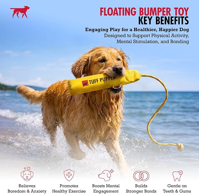 Tuff Pupper Floating Dog Bumper Toy | Fetch Only Not a Chew Toy | Soft Foam Retrieve Trainer | High-Visibility Water & Snow Play | Gentle on Teeth | Lightweight Durable Outdoor Training Dummy