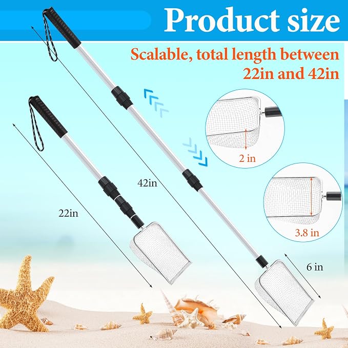 Roshtia 4 Pcs Beach Sand Sifter Set, Adjustable Long Handle Shell Scoop, Shark Tooth Sifter Mesh Shovel for Family Seashell Collecting, Sea Glass Hunting and Beach Treasure Fun
