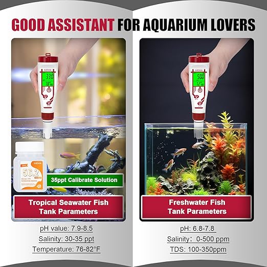 Aquarium Salinity pH Meter,Digital Pool Salt Tester,Simultaneously Display 5 in 1 PPM pH EC Reader Water Quality Tester for Pool, Aquaponics,Koi Pond, Coral Reef Tank