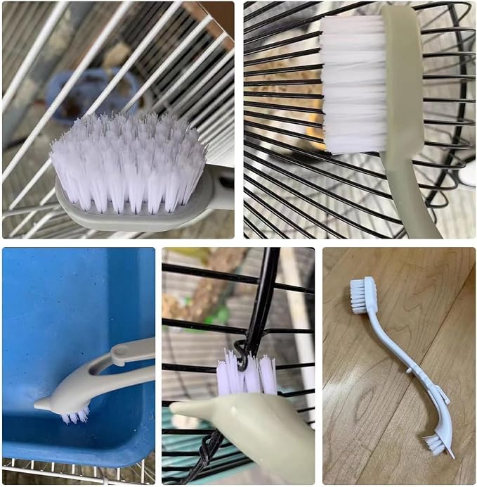 Bird Cage Cleaner with Double Brush Heads Long Handle Cleaning Tool for Small Animal Ferret Bunny Guinea Pigs Cages Food Bowl Pads Groomming (4PC)