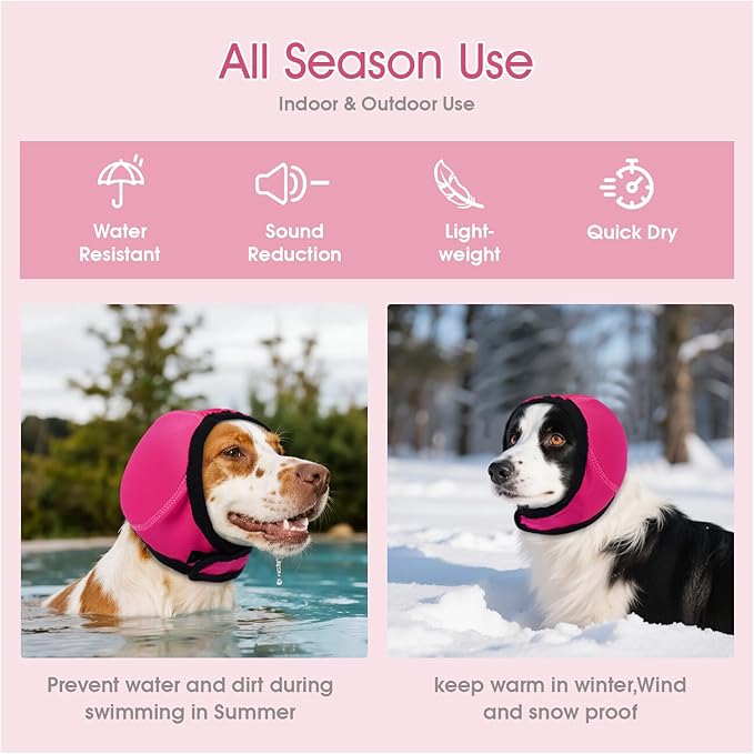 Dog Calming Hoodie Water Resistant,Adjustable No Shake Ear Wraps for Dogs,Anxiety Relief & Noise Protection,Pet Ear Cover Muffs for Swimming,Firework,Grooming,Thunderstorms,Bathing,Rosered,S