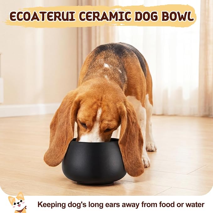 1 Pack 37 oz Ceramic Dog Bowl for Large Dogs with Long Ears No Spill Water & Food Pet Bowl Cocker Spaniel Beagle Bassett (Black)