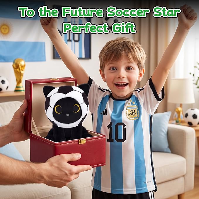 Black Cat Plush Toy - 8" Cute Stuffed Animal with Removable Soccer Ball Costume, Soccer Gift for Kids, Boys, Girls, Cat Lovers, Huggable Soft Kawaii Plushie