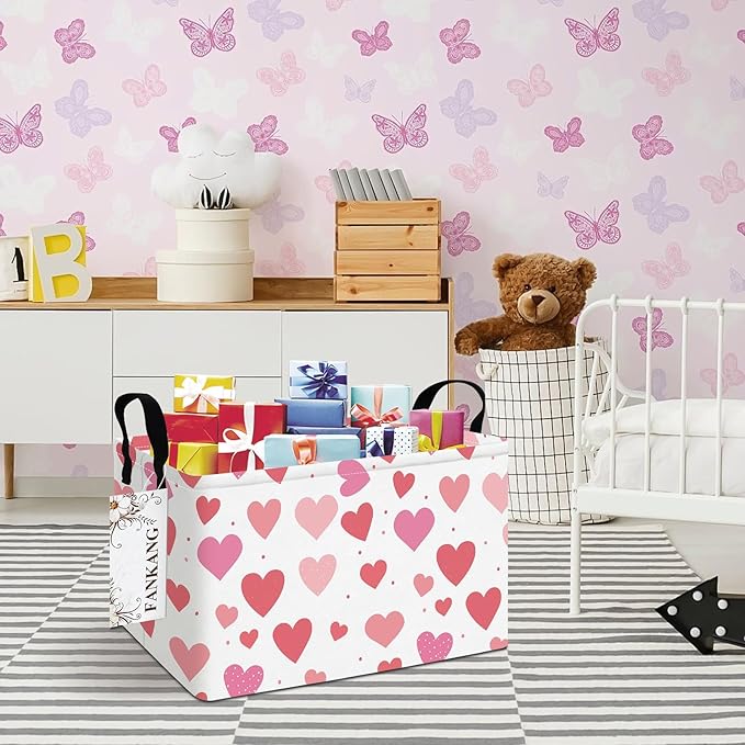 Storage Bins,Nursery Hamper Canvas Laundry Basket Foldable with Waterproof PE Coating Storage Baskets for Boys and Girls, Office, Bedroom, Clothes,Toys(Rec-Colorful hearts ）