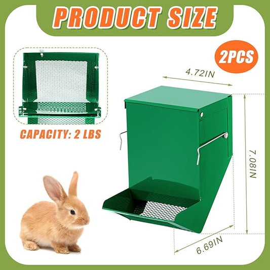Maxcheck 2 Pcs Rabbit Feeder for Cages Small Animal Food Pellet Dispenser with Lid Metal Chicken Grit Oyster Shell Squirrel Feeders Outside(4.7 Inches,Mesh Bottom,Green)