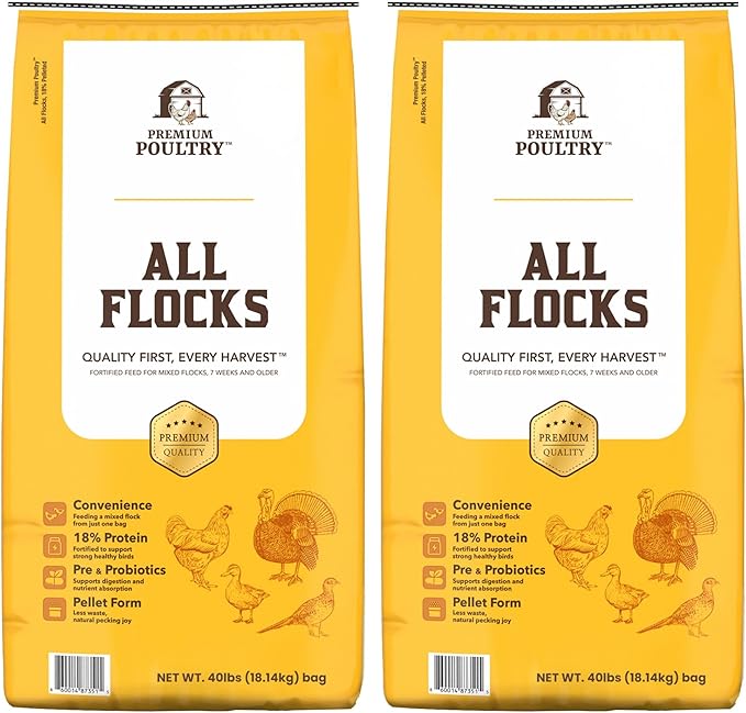 All Flock Poultry Feed Pellets, 18% Protein Chicken Feed Made in USA for Mixed Flock –Chicken, Ducks, Geese, Turkeys & Game Birds, Probiotics for Digestion, 80 lbs