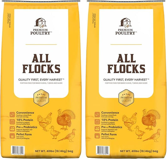 All Flock Poultry Feed Pellets, 18% Protein Chicken Feed Made in USA for Mixed Flock –Chicken, Ducks, Geese, Turkeys & Game Birds, Probiotics for Digestion, 80 lbs