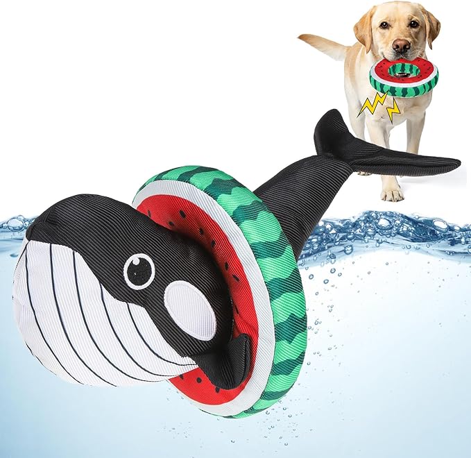 SCENEREAL Dog Water Toy for Medium Small Dogs- 2 Pack Floating Dog Toys Squeaky Toys for Pool Fetch, Whale & Watermelon Shape Durable Pet Chew Toy Summer Outdoor Interactive Play