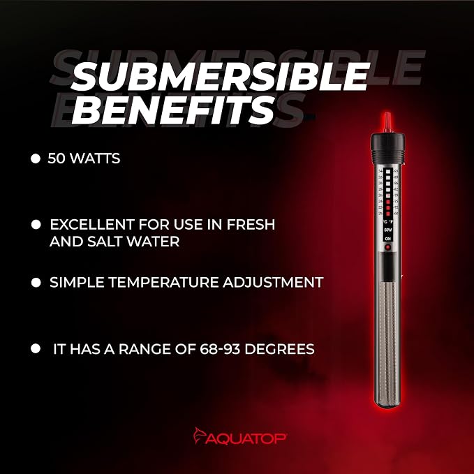 Aquatop 50W Aquarium Submersible Glass Heater – Adjustable Temperature 68-93°F – Fish Tanks Up to 13 Gal – for Freshwater & Saltwater Use – GH-50