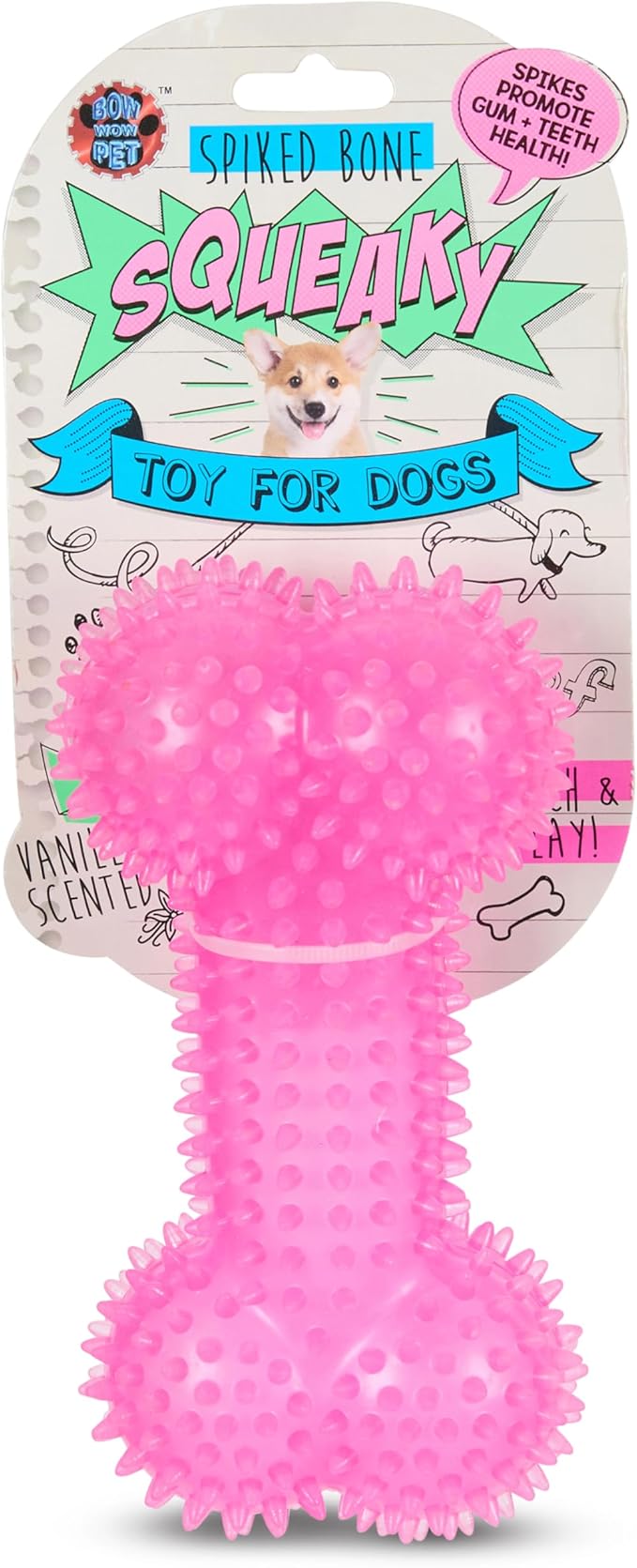 Bow-Wow TPR Spiked Squeaky Dog Toy – Dental Ring or Bone – Vanilla Scented, Colorful, and Fun – Gum Massaging Spikes for Everyday Play